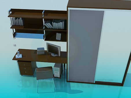 3d model A set of furniture: wardrobe, desk, shelves - preview