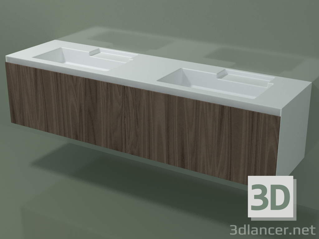 modello 3D Lavabo doppio con cassetti (L 192, P 50, H 48 cm, Noce Canaletto O07) - anteprima