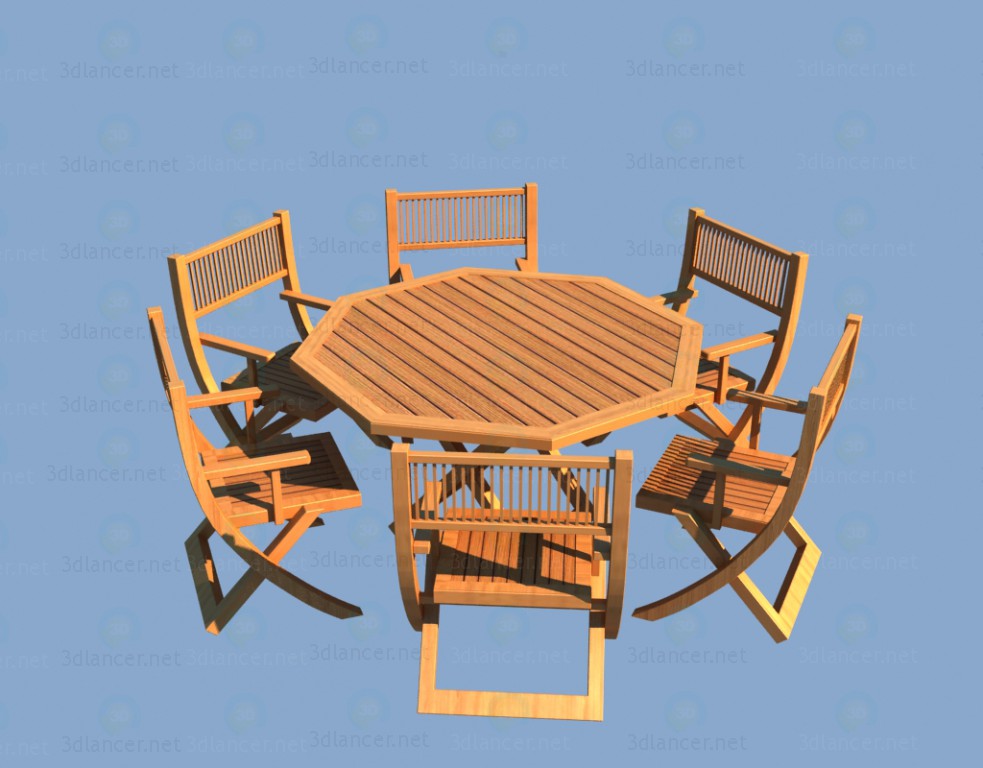 3d model Wooden garden furniture - table and chairs - preview