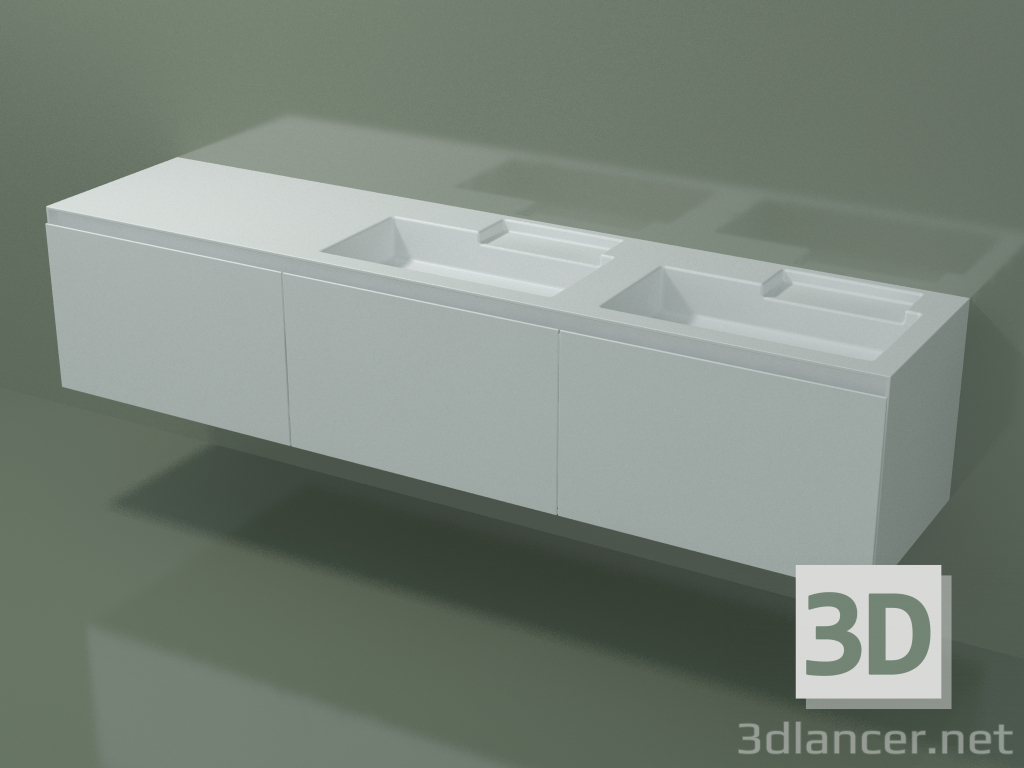 modèle 3D Lavabo double avec tiroirs (dx, L 216, P 50, H 48 cm) - preview