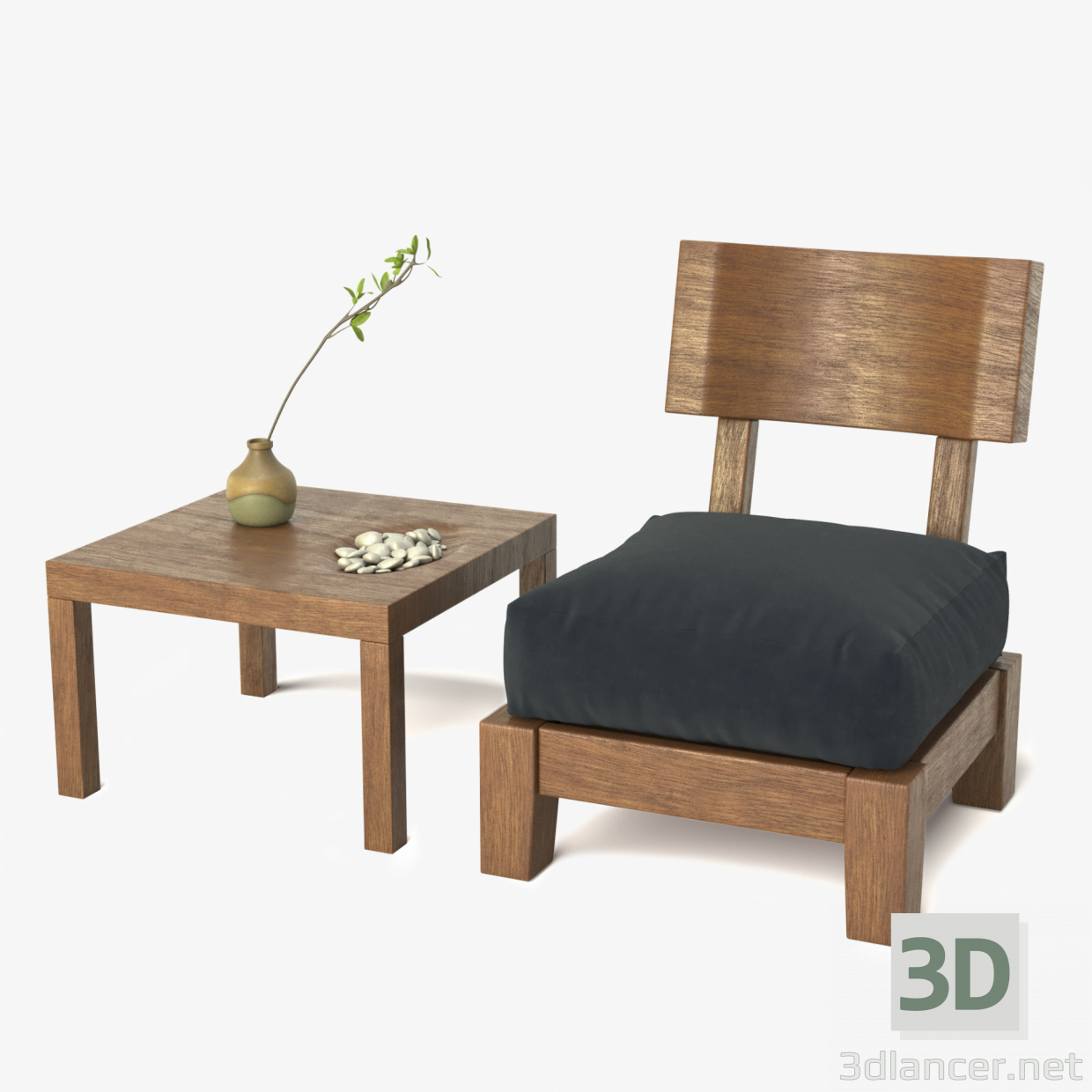 3d Solid Wood Chair and Table model buy - render