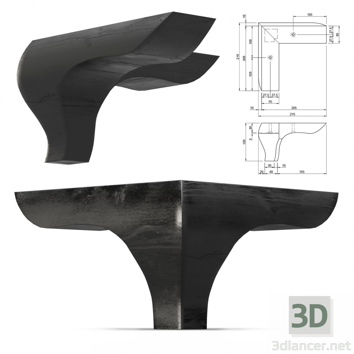 3d model TRIANGOLO H.120 D.200, negro brillante - vista previa