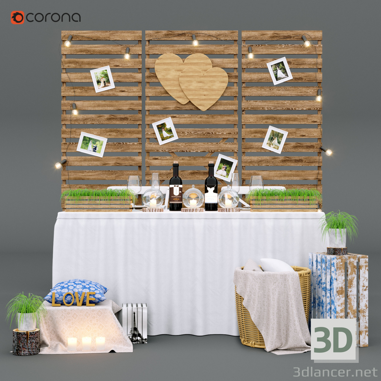 Set para una sesión de fotos de boda en el estilo rústico 3D modelo Compro - render