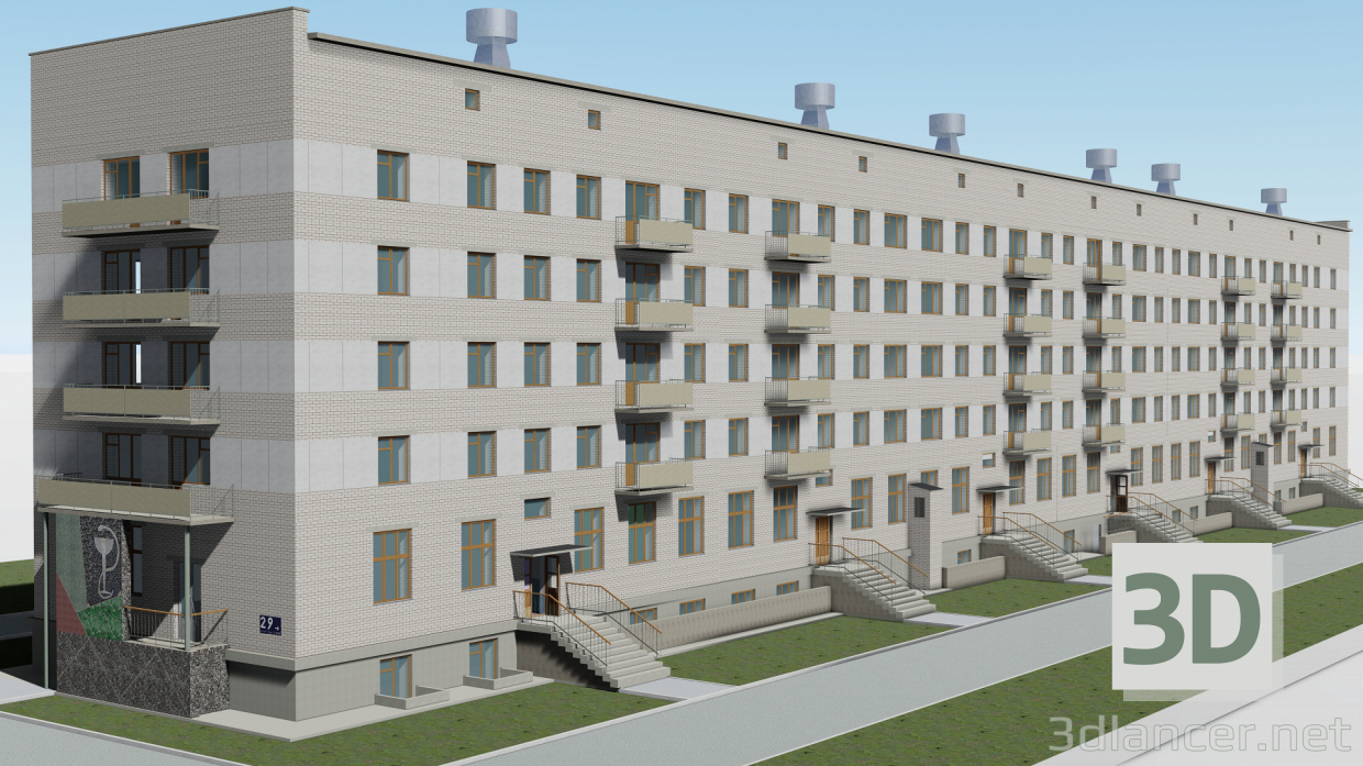 3D ChMZ'de Chelyabinsk polikliniği ile beş katlı bina modeli satın - render