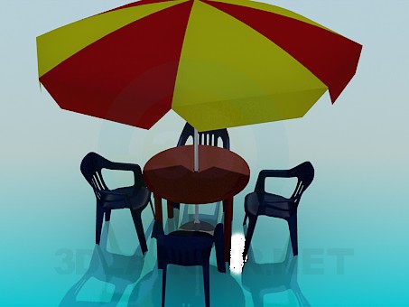 modèle 3D Parasol, table en plastique et chaises pour café - preview