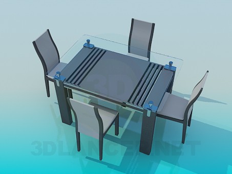 modèle 3D Table avec plateau en verre et chaises - preview