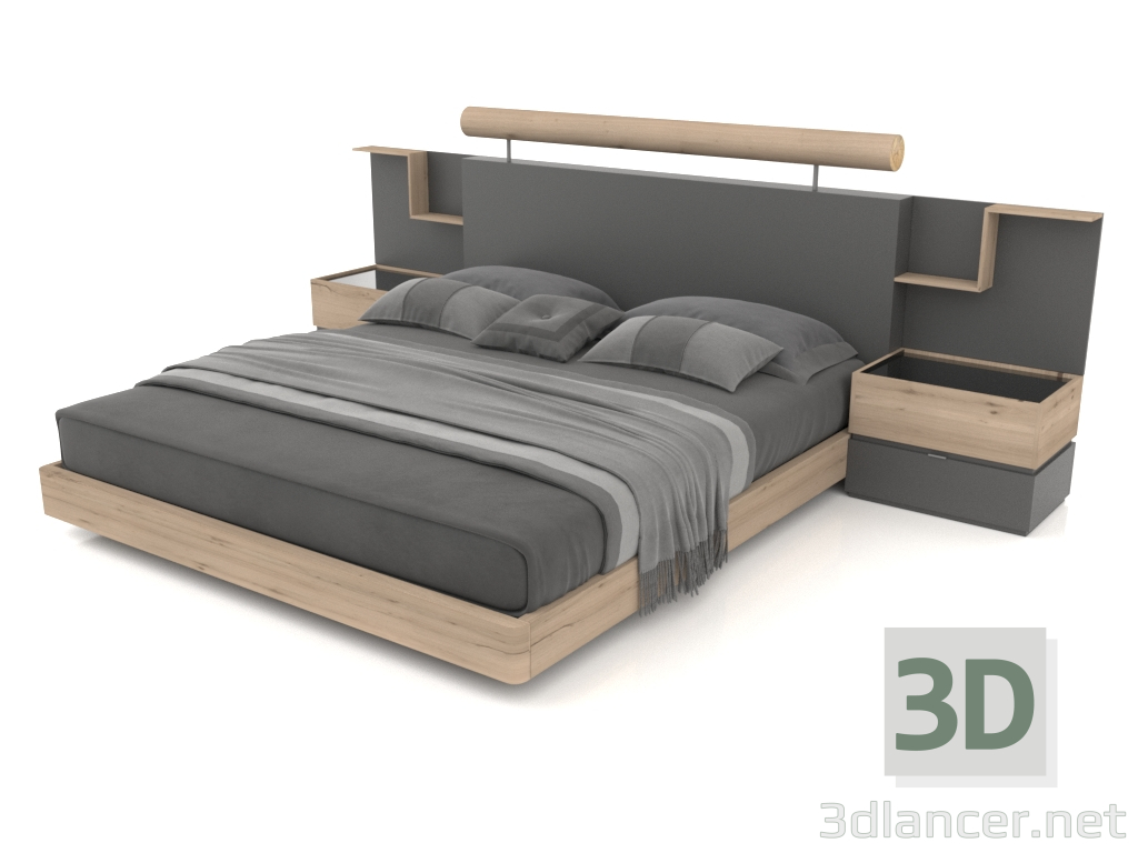 modèle 3D Ensemble de lit Kuffert Class 180x200 et 2 tables de chevet Top (chêne-graphite) - preview