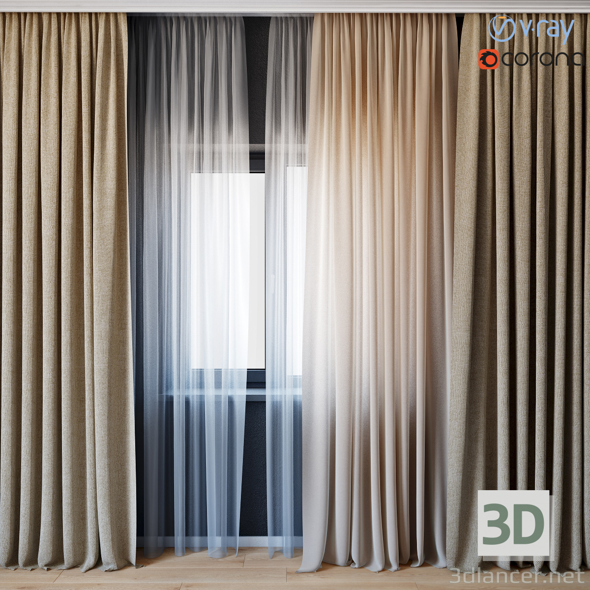 Cortinas con juego de tul 01. 3D modelo Compro - render