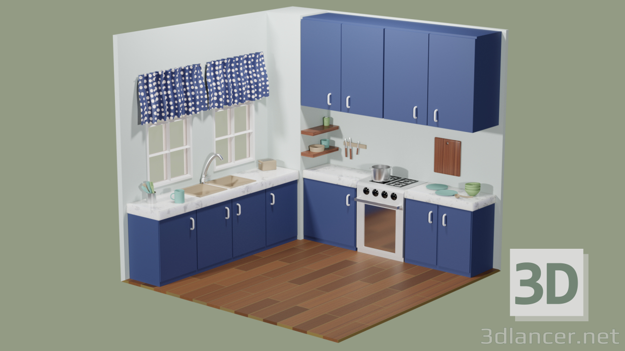 3d low poly kitchen model buy - render