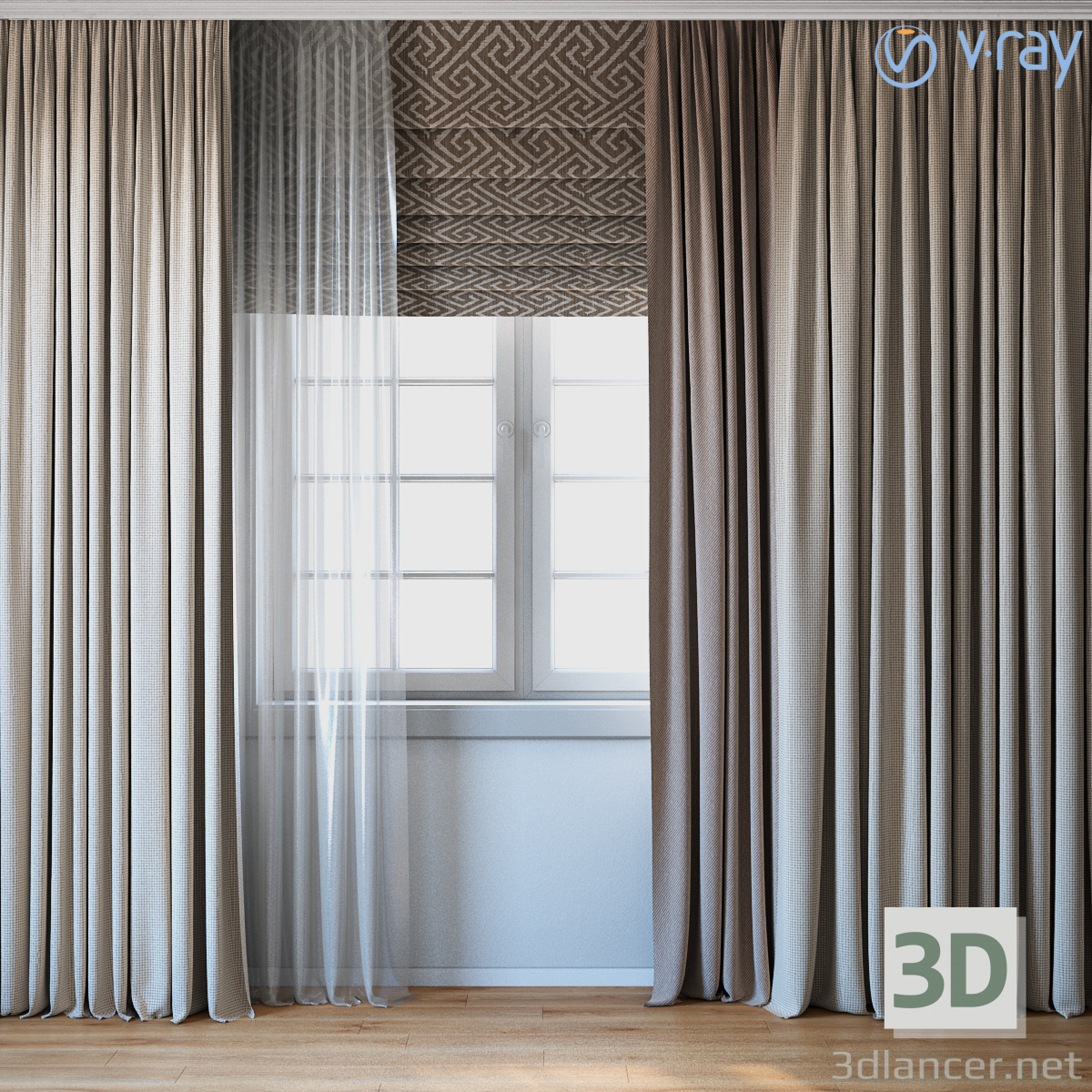 3d Curtains with Roman curtain and Telle set 02 model buy - render