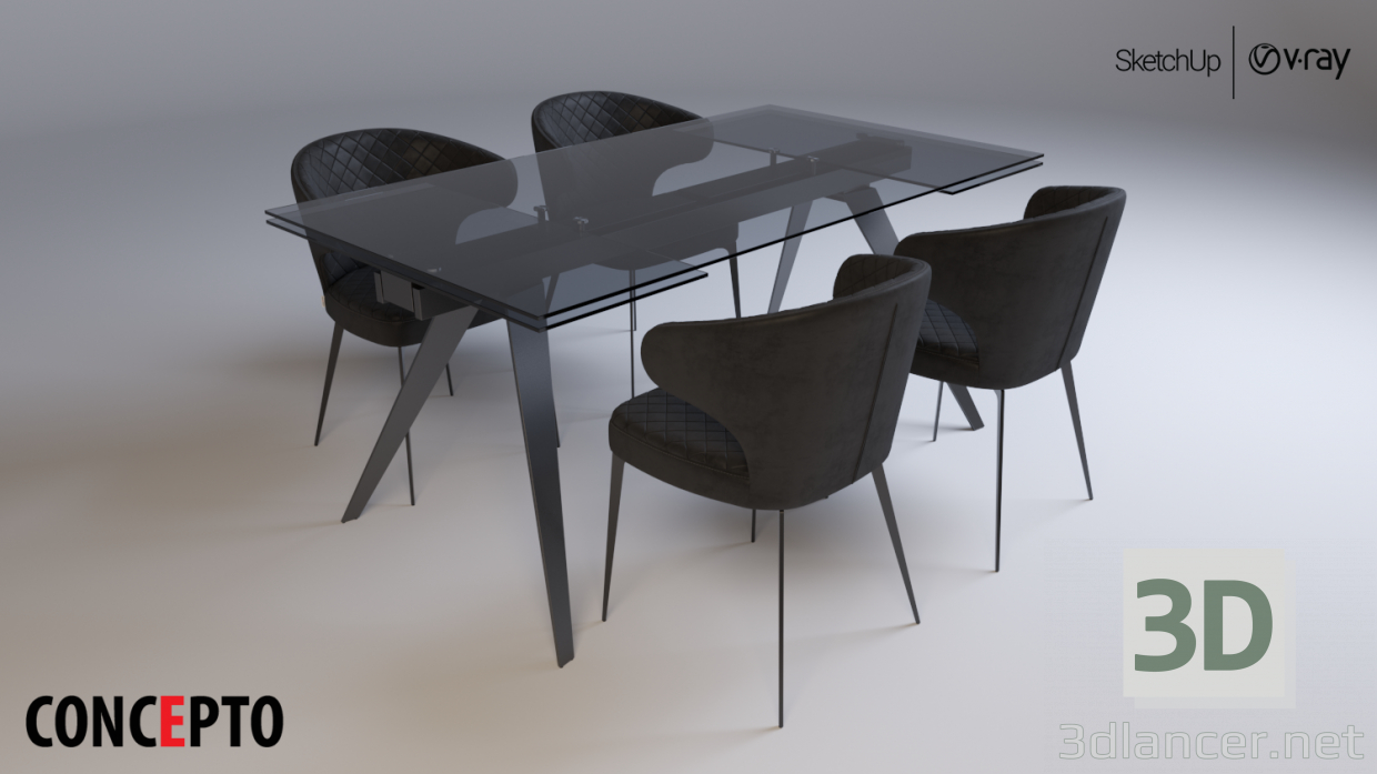 modello 3D di Concepto Glassy Keen tavolo pieghevole nero + Concepto Keen sedia grigio olio comprare - rendering