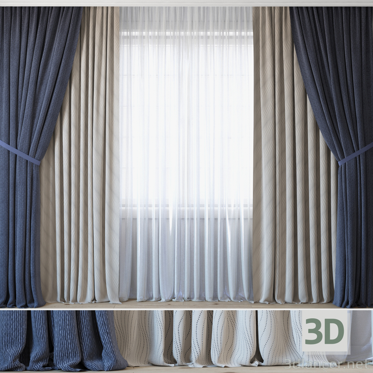 3d Curtains with tulle set 3 in 1 model buy - render