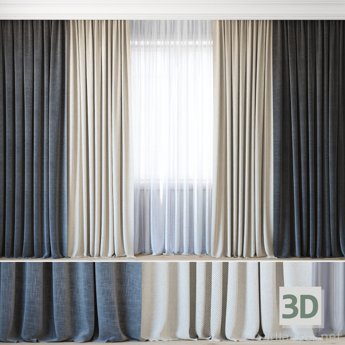 3d Curtains with tulle set 07 модель купить - ракурс