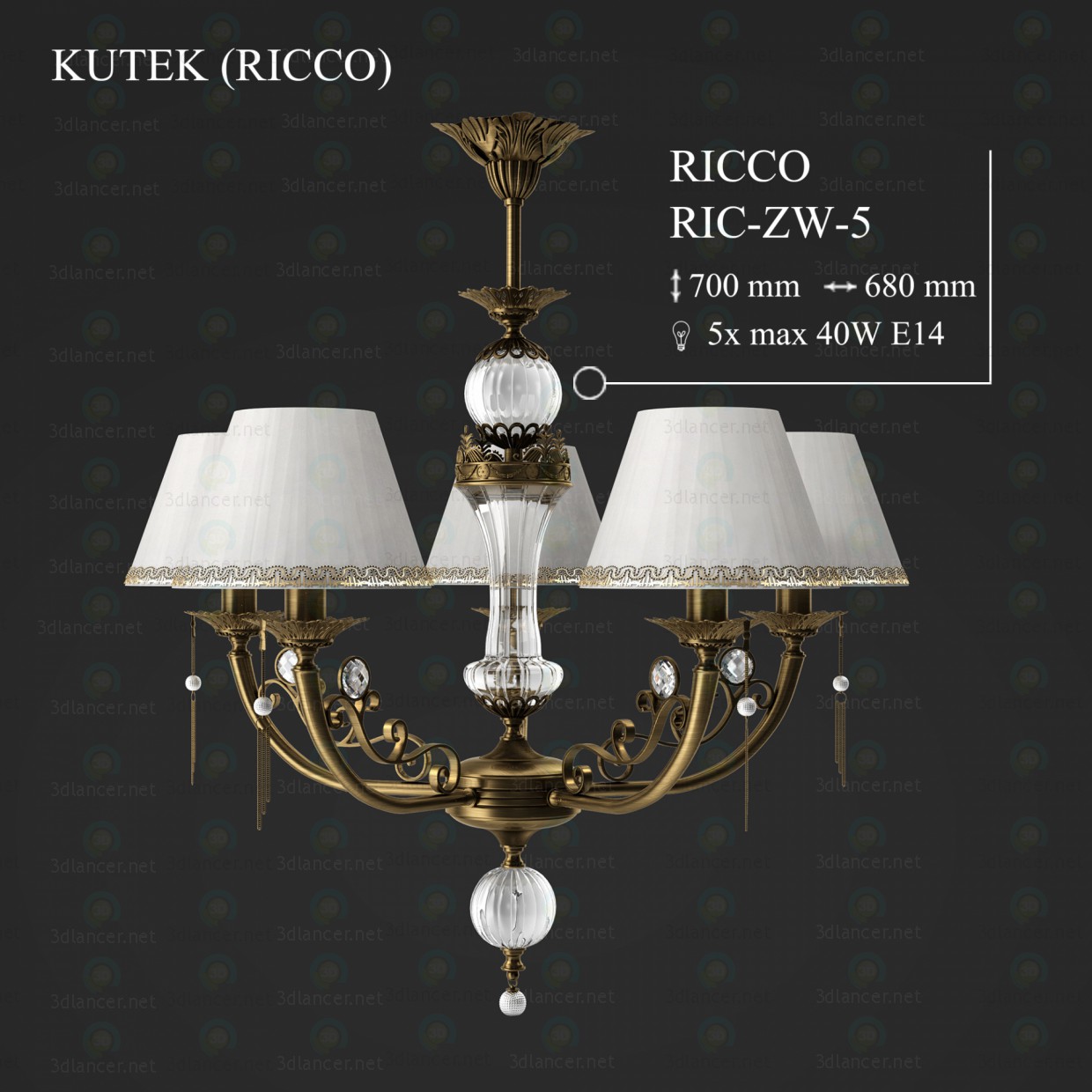 modello 3D Lampadario a bracci Kutek ricco ric-zw-5-a - anteprima