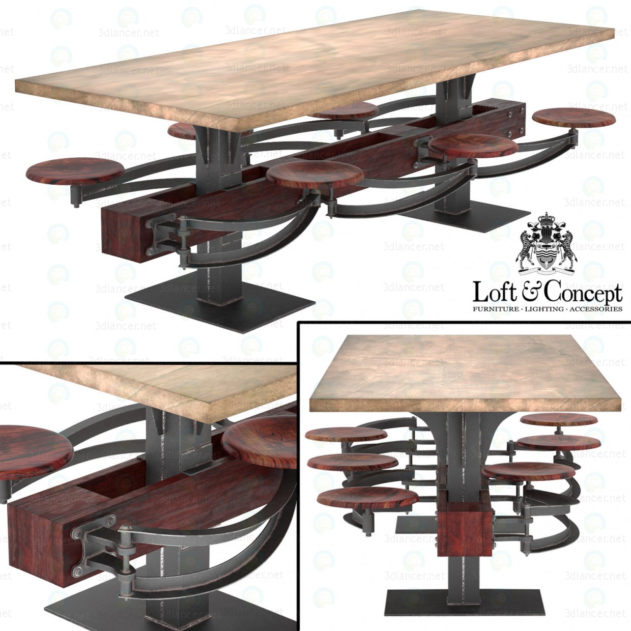 modèle 3D de TABLE À MANGER PERRIN COMMUNAL TABLE LOFT acheter - rendu