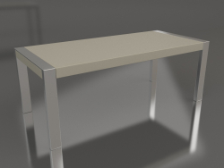Mesa de jantar com acabamento em laca cinza-bege brilhante e estrutura em aço polido (200x90x75 cm).