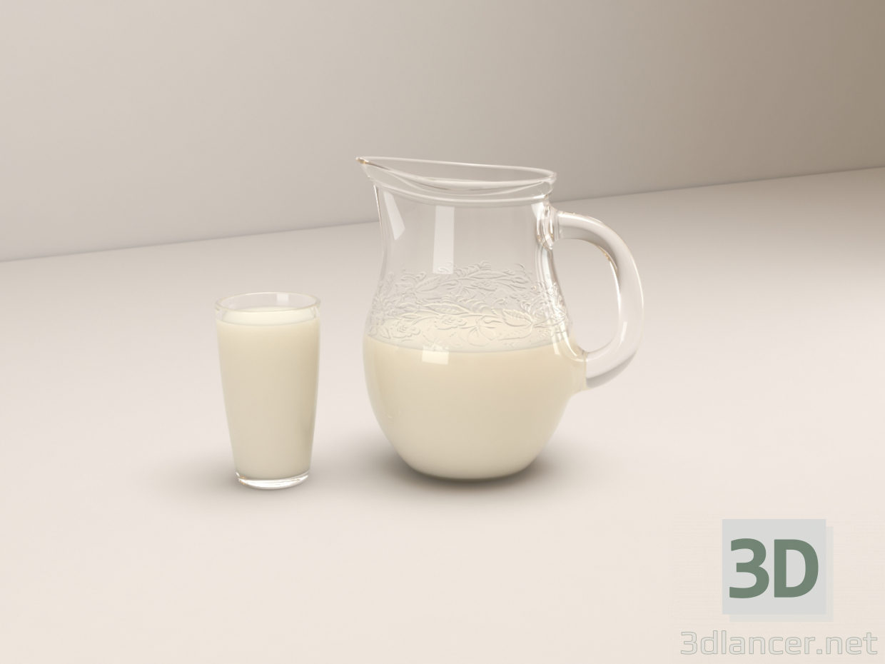 modèle 3D Cruche et verre avec du lait - preview