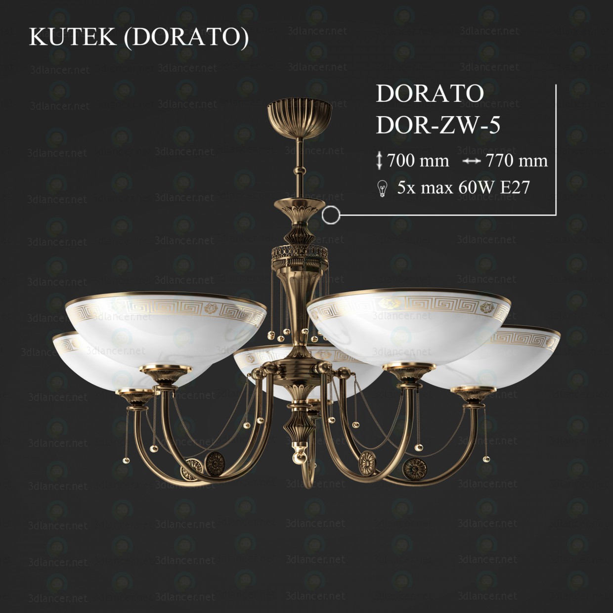 modello 3D Lampadario a bracci Kutek dorato dor-zw-5 - anteprima